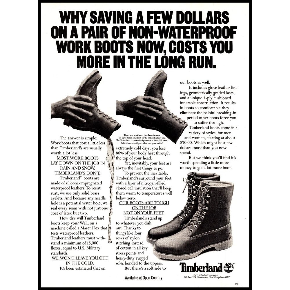 1982 Timberland Work Boots Vintage Print Ad Waterproof Pouring Water Wall Art